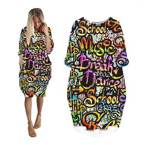 Casual Kleider Midi Kleid Hemden Frau Graffiti 3D Gedruckt Mode Harajuku Langarm Damen Batwing Plus Größe Hip Hop Kleidung