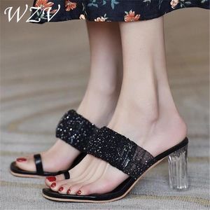 Hausschuhe Frauen Zehenring Sandalen Damen Klarer Absatz Hoch Schwarz Weiß Offene Zehen Dicke Mode Weibliche Rutschen Sommerschuhe