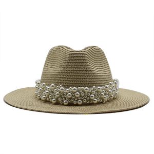 النساء الجاز سترو قبعة الشاطئ الشمس حماية قبعة السيدات اللؤلؤ واسعة بريم قبعات امرأة الفتيات أزياء السفر القبعات الربيع الصيف جديد