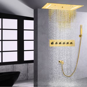 Goldpoliertes Thermostat-Duschsystem, 700 x 380 mm, LED-Badezimmerkopf mit Handbrause, Regenmassage