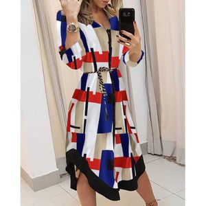 Wave print long-sleeved dress V-neck casual loose holiday mid-length dress XL spring and summer ladies blouse dress Y1006