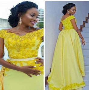 Aso Ebi 2021 Yellow Mermaid Long Formal Evening Dresses With Detachable Train Appliques Lace Beads Off Shoulder African Prom Party Gowns