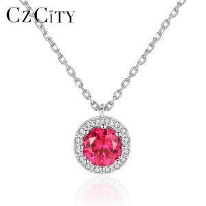 Czcity Real Round Ruby Gemstone Wisiorek Naszyjniki dla Kobiet Zaręczyny Ślubne Biżuteria 925 Sterling Silver Collier SN0308 Q0531