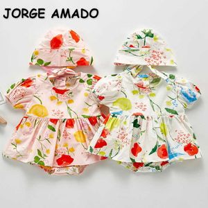 Wiosna Baby Girl Bodysuit Floral Krótkie Rękawy Kombinezon z czapką Urodzony Cute Style Kids Clothes E27 210610