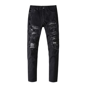 Mäns Jeans Style Fashion Male Black Tide Holes Made Old Cashew Flower Stretch Slim Fit För Män och Kvinna High Street