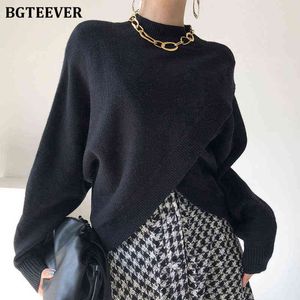 Bgteever Stylish Criss-Cross Duksers 2021 Jesień Zima Pół Turtleneck Kobiety Sweter Swetry Luźne Kobiece Knit Topy Y1110