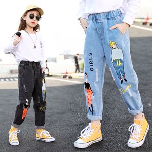 2021 Jeans de moda dos desenhos animados para meninas adolescentes crianças jeans elástico cintura denim calças crianças calças para meninas crianças roupas 4-13T 210317