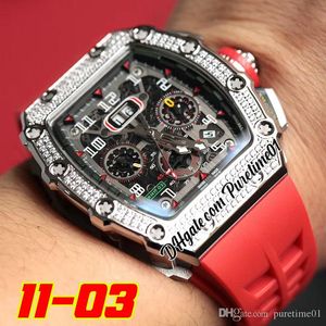 2022 Miyota Automatic Mens Watch Rose Guld Diamanter Bezel Big Date Black Silver Skelett Dial Stick Markörer Red Gummi Strap Super Edition Puretime01 03drg-C3