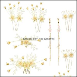 Set di gioielli da sposa 1 Set di perle barocche Fiore d'oro Pettini per capelli Clip Orecchini a clip lunghi Copricapo da sposa Copricapo Aessories Drop Delivery