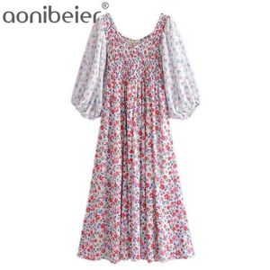 Sommar Patchwork Lantern Sleeve Kvinnor Ankel Längd Klänning Strand Holiday Casual Långtryckt Shirred Maxi 210604