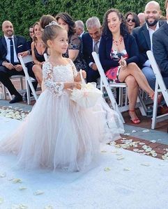 Allık Çiçek Kız Elbise Düğün Balo Uzun Kollu Tül Dantel Yay Uzun İlk Communion Elbiseler Küçük Kız