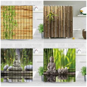 Zen grön bambu buddha dusch gardiner vatten stearinljus lotus växt trädgårdscenery 3d hem dekor tyg krokar badrum gardin 211116