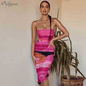 Ladies One Fold Print Off-Shoulder Mesh Ruffle Rose Red Bandage Tight Sexy Party Dress Summer 210525