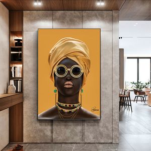 Schwarze Frau mit Sonnenbrille Ölgemälde auf der Wand Modern Dekor Leinwand Wandkunst Bilder Cuadros Gelb Afrikanische Frau Poster