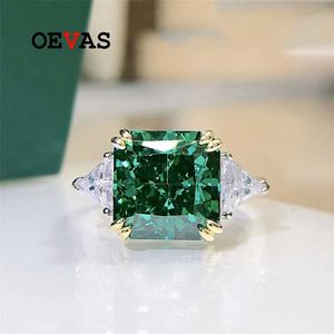 Ovas 100% 925 Sterling Silver 10 * 10mm esmeralda altas anéis de diamante de carbono para mulheres cintilantes casamento fino jóias por atacado presente 211217