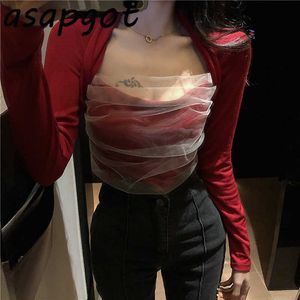 Sexy Square Neck Mesh Patchwork Tshirt Slim Long Sleeve Red Crop Top Cotton Bottom Shirt Temperament Vintage Casual Autumn 210610