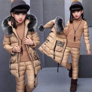 Girl Roupas Sets para Rússia Inverno Com Capuz Warm Colete + Calças de Algodão Top 3 Peças Roupas Casaco com Capa de Pele 211025