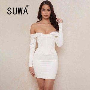 Autumn European American Women's Sexy Wrapped Chest Irregular Long-Sleeved Zipper Short Dress All White Wedding Gowns 210525