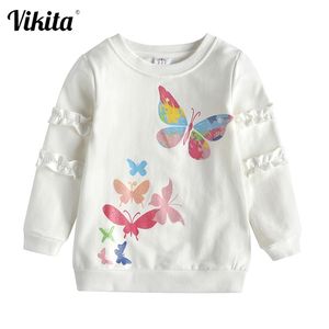 Vikita Детские хлопчатобумажные футболки детей осень с длинным рукавом футболки для девочек одежда бабочки Unicorn Sequins T рубашка малыша вершины 210306
