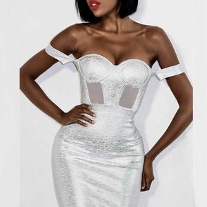 Ocstrade Fashion Mesh Insert Metallic Bandage Dress Women Silver Off Shoulder Bodycon Evening Party 210527