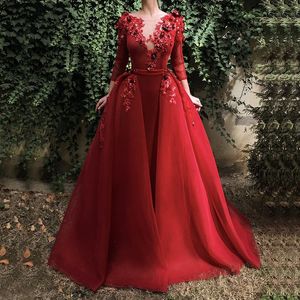 Eleganckie Dark Czerwone Suknie Wieczorowe Długość Długie Rękaw Cekiny Kwiaty Aplikacje Dubaj Kaftan Saudyjska Arabska Linia Formalna Party Dress Muzułmańskie Prom Suknie 2021