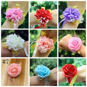 Fiori artificiali Decorazioni di nozze Bridal Hand Flower Bridesmaids Sisters Polso Corpetto da polso Schiuma Schiuma Rosa Simulazione falseflowers WLL145