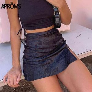 Aproms Soft Satin Side Split Black Mini Skirt Summer Floral High Waist A-line Short Skirt Female Back Zipper Bottoms 210724