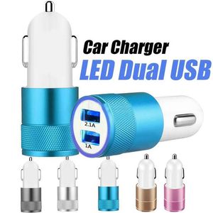 Telefonladdare Dual USB Port Car Adapter Charger Universal Aluminium 2-Port Car Chargers USB för Samsung Galaxy S10 S9 S8 Plus Obs 8 5V 1A
