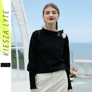 Kadın Kazak Sonbahar Gevşek Kazak Sequins Katı Siyah Uzun Kollu Kaşmir Knitwear Oymak 210608