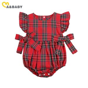 MaBaby 0-24M Weihnachten Baby Mädchen Strampler Neugeborenen Baby Rot Plaid Bogen Overall Ärmellose Weihnachten Kleidung 210312