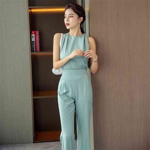 2 piece set Sexy Ladies Suit For women korea Summer Green Sleeveless Stand neck tops Long trousers loose wide-legged pants 210602