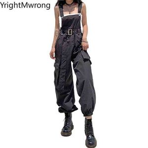 Seite Cargo Tasche Techwear Hohe Taille Gürtel Overalls Jogger Hose Frauen Streetwear Trainingsanzug Sommer Hosen Strampler Workout Harem 211124