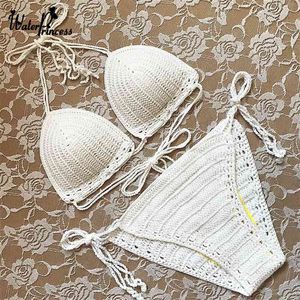 Weiße Bikinis Handmade Crochet Bikini Set Sexy Frauen Swimwea Weibliche Sommer Badeanzug Tankini Badende Damen Badeanzug 210722