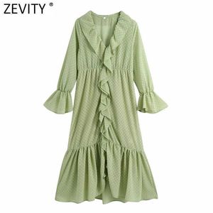 Zevity Women V Neck Polka Dot Print Cascading Ruffles Midi Dress Chic Female Butterfly Sleeve Casual Chiffon Vestido DS5045 210603