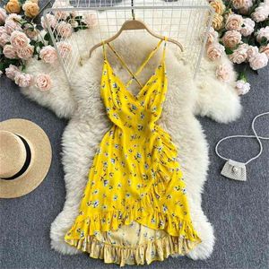 Frauen Kleid Sommer Sexy Tiefem V-ausschnitt Spaghetti Strap Blumen Druck Boho Strand Criss Cross Backless Rüschen Mini Sommerkleid 210603