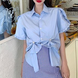 Kvinnors blusar skjortor 2021 Summer Sweet Turn-Down Collar Oregelbundet vikdesign Fashion Ladies Blue Shirt Korean Pearl Casual Lady T277