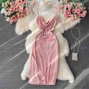 ピンクの女性のドレス調節可能な弓縛らスパゲッティストラップノースリーブベルベットセクシーバックレス分割ミディパーティー210603