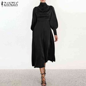 Zanzea Vintage Kvinnor Elegant Höger Krage Sundress Long Puff Sleeve Satin Klänning Höst Holiday Party Tunika Kaftan Slim Vestidos Y1204