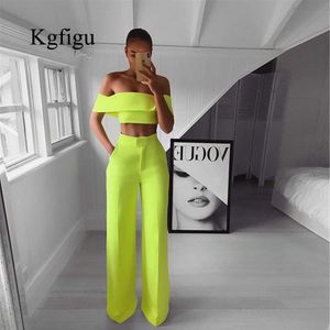 KGFIGU Iki Parçalı Set Tops Ve Pantolon Yaz Neon Yeşil Slash Boyun Kırpılmış Tops ve Geniş Bacak Pantolon Seksi Tüvit Seti Y19062201