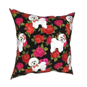 Kudde/dekorativ kudde Bichon Frise Red Rose Square Case Cushions för soffa Dog Lover Custom Pudow Case