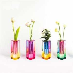 現代レインボーピラー芽花瓶テーブルガラス花瓶高級装飾的なアクリルクリスタルフラワーコンテナ北欧の部屋家の装飾211215