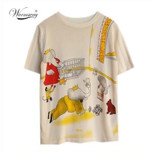 패션 디자인 여성 짧은 소매 빈티지 뜨개질 탑 2021 봄 여름 만화 코끼리 인쇄 고품질 T 셔츠 B-068 210306