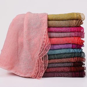 Plain Scarf Hijab with Lace Edged Rhinestone Muslim Cotton Linen Headband for Women Veil Scarves 2021 Autumn Islamic Headscarf