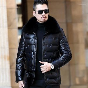 Men's Leather & Faux Winter White Duck Down Jacket Men Fashion Lapel Thick Business Casual Warm Coat Male Fur Collar Outerwear