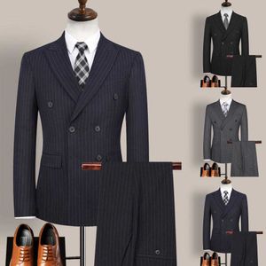 2021 New Fashion Men Double Breasted Stripe Lapel Formal Blazer Pants Suit Set Two Pieces for Wedding Men Suit Set X0909