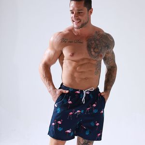 Fábrica barato todo o mais impresso azul flamingo natação shorts designer homens swimwear gay