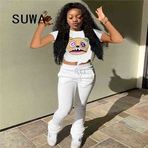 Loungewear Women Clothing Two Piece Set Summer Cartoon Print Pullover T-shirt Top Stacked Sweatpants Casual Outfits Partihandel 210525