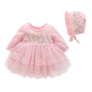 Höst Långärmad broderi Lace Nyfödda Baby Girls Dress Party Dresses Princess Bomull Tjej Kläder G1129