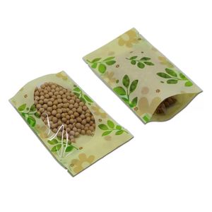 Commercio all'ingrosso 300 Pz / lotto 16 * 24 cm Stand Up Green Leaf PE Imballaggio in plastica Doypack Buste Zipper Food Storage Window Bag