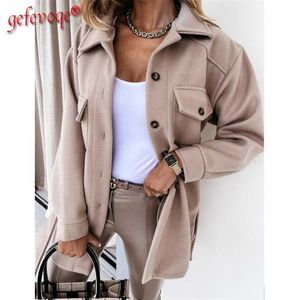 Kvinnors Höst Vinter Woolen Coat Fashion Cold Protection Håll Varma Overcoat Ladies Windbreaker Button Pocket Cardigan Topp 211018